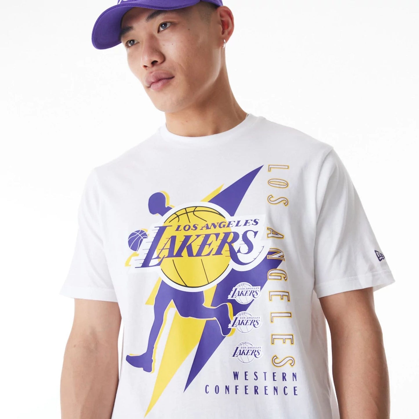 The Male model is wearing LA Lakers NBA Player Graphic White T-Shirt 7