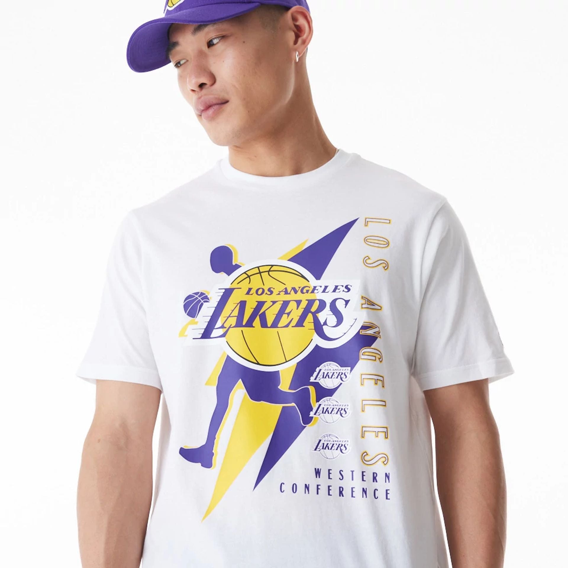 The Male model is wearing LA Lakers NBA Player Graphic White T-Shirt 6