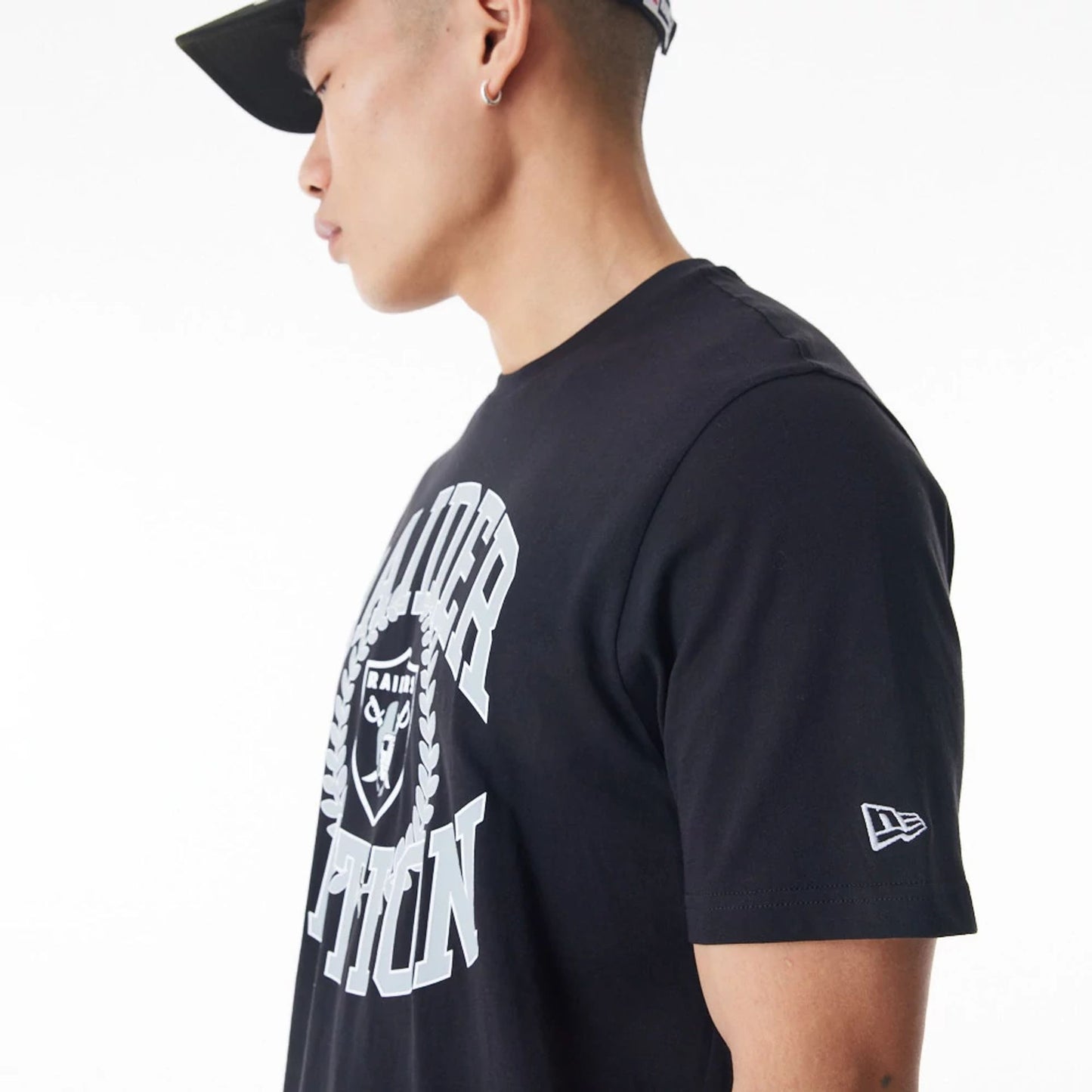 The Male model is wearing Las Vegas Raiders NFL Laurel Graphic Black T-Shirt 3