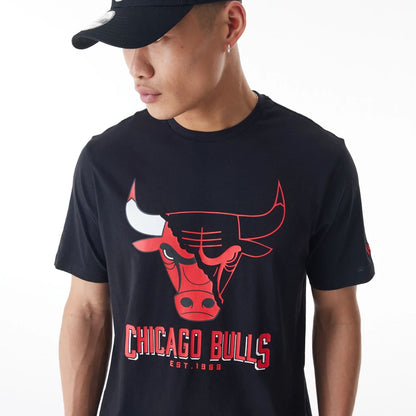 The Male model is wearing Chicago Bulls NBA Logo Graphic Black T-Shirt 3