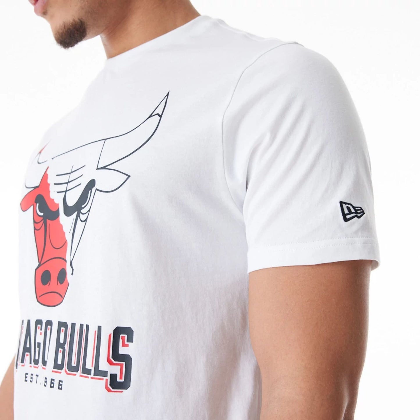 The Male model is wearing Chicago Bulls NBA Logo Graphic White T-Shirt 6