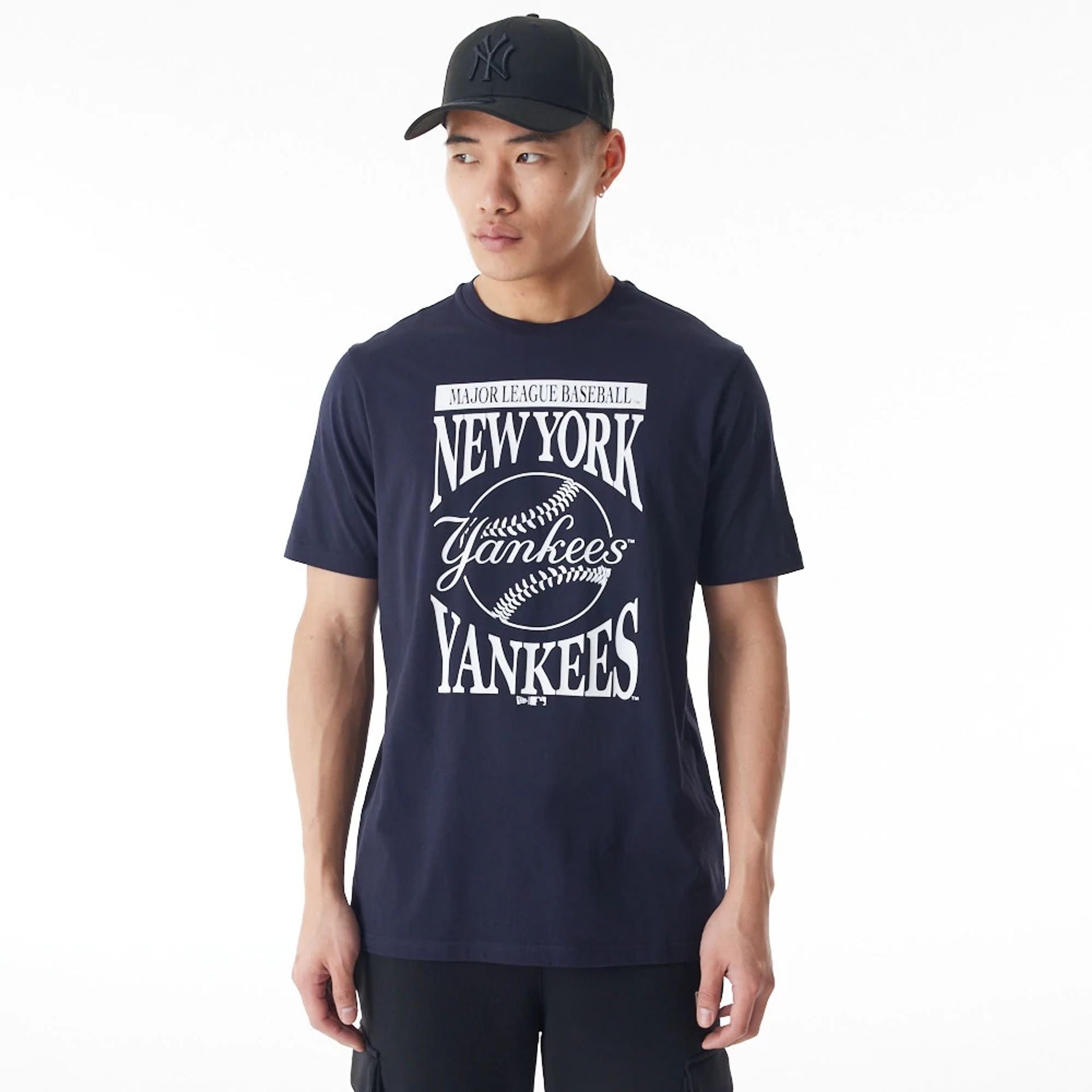 The Male model is wearing New York Yankees MLB Baseball Stack Navy T-Shirt 1