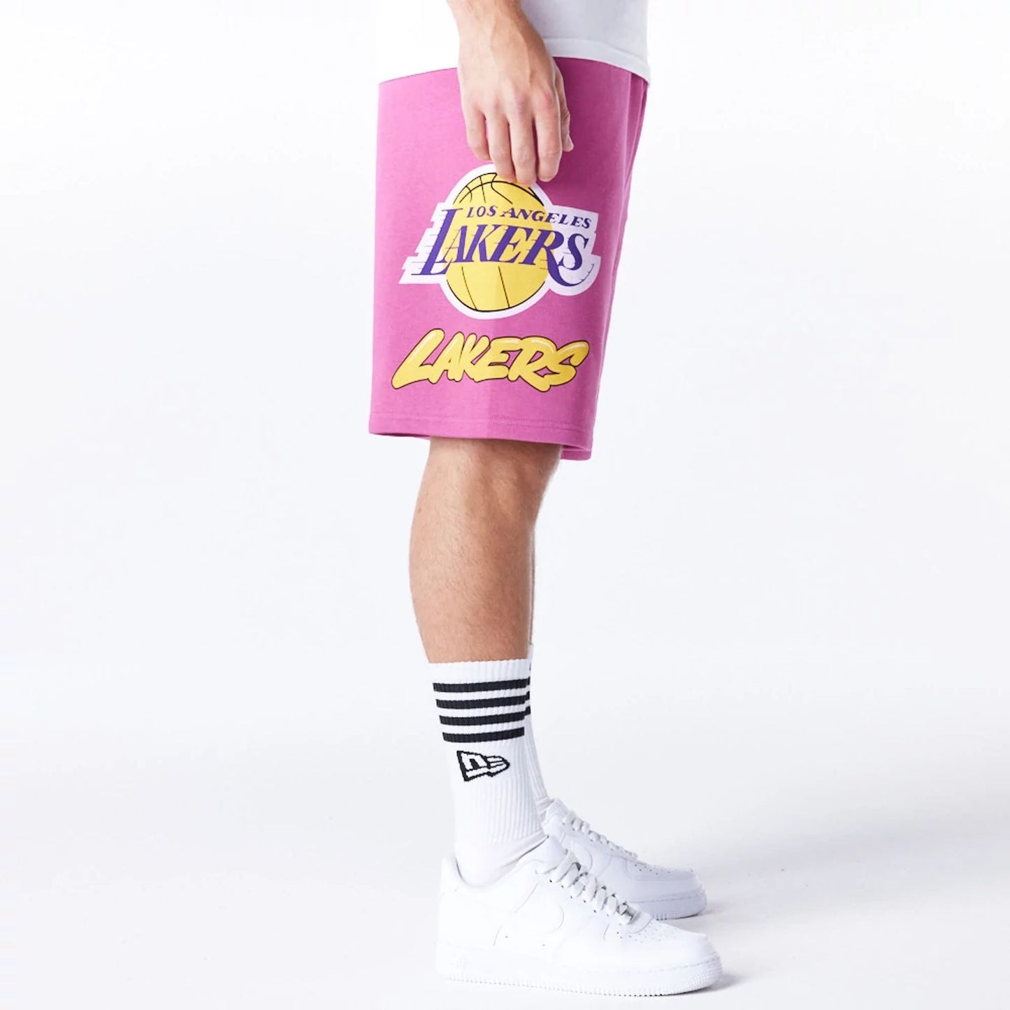 The Male model is wearing LA Lakers NBA Bubble Script Purple Shorts  3