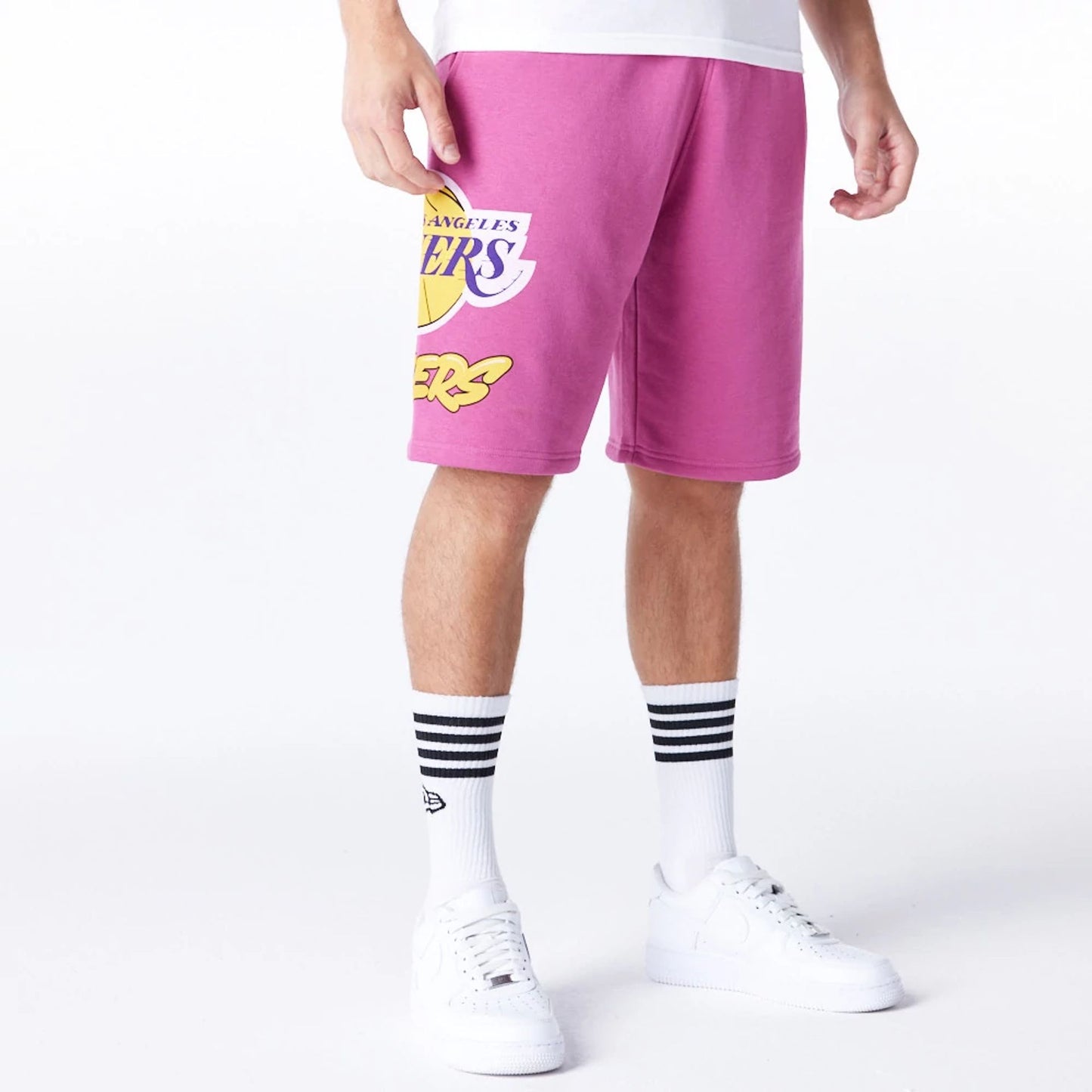 The Male model is wearing LA Lakers NBA Bubble Script Purple Shorts  1