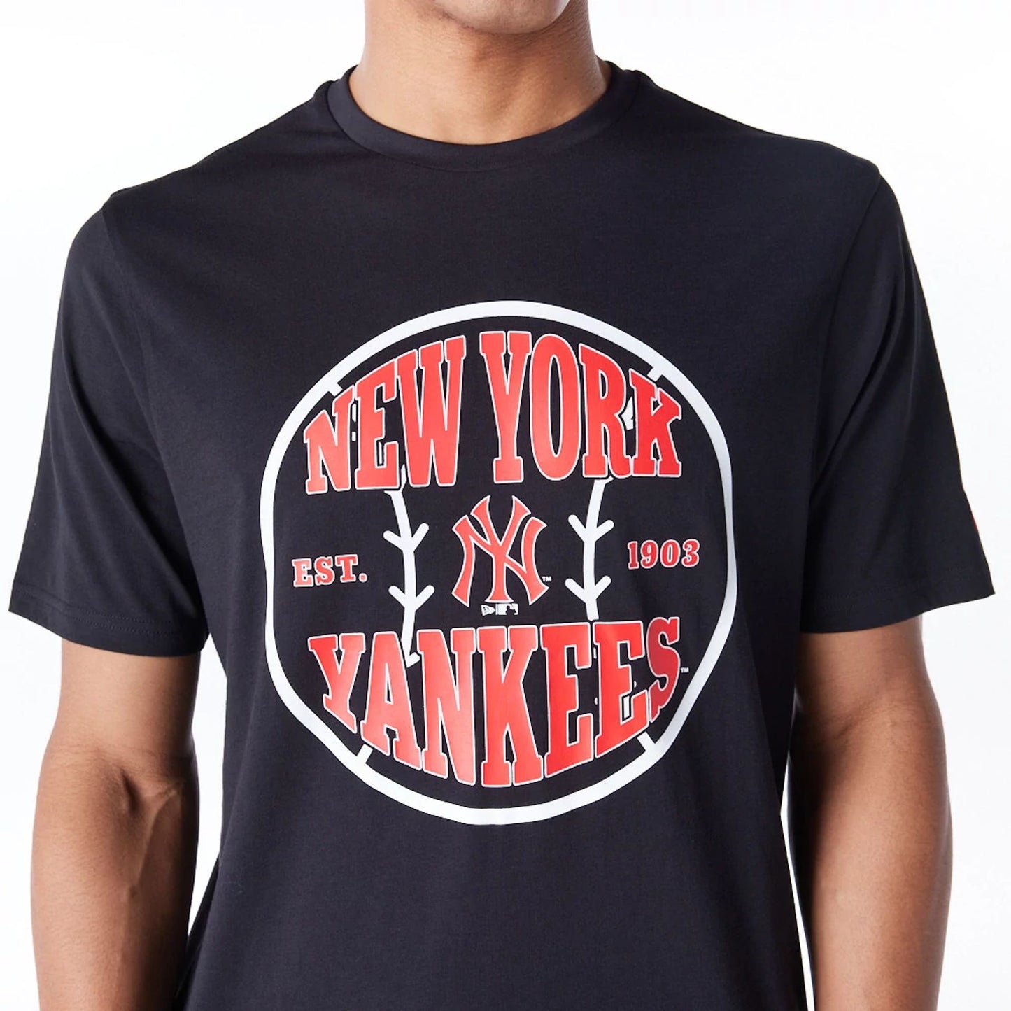 The Male model is wearing New York Yankees MLB Ball Graphic Black T-Shirt 2