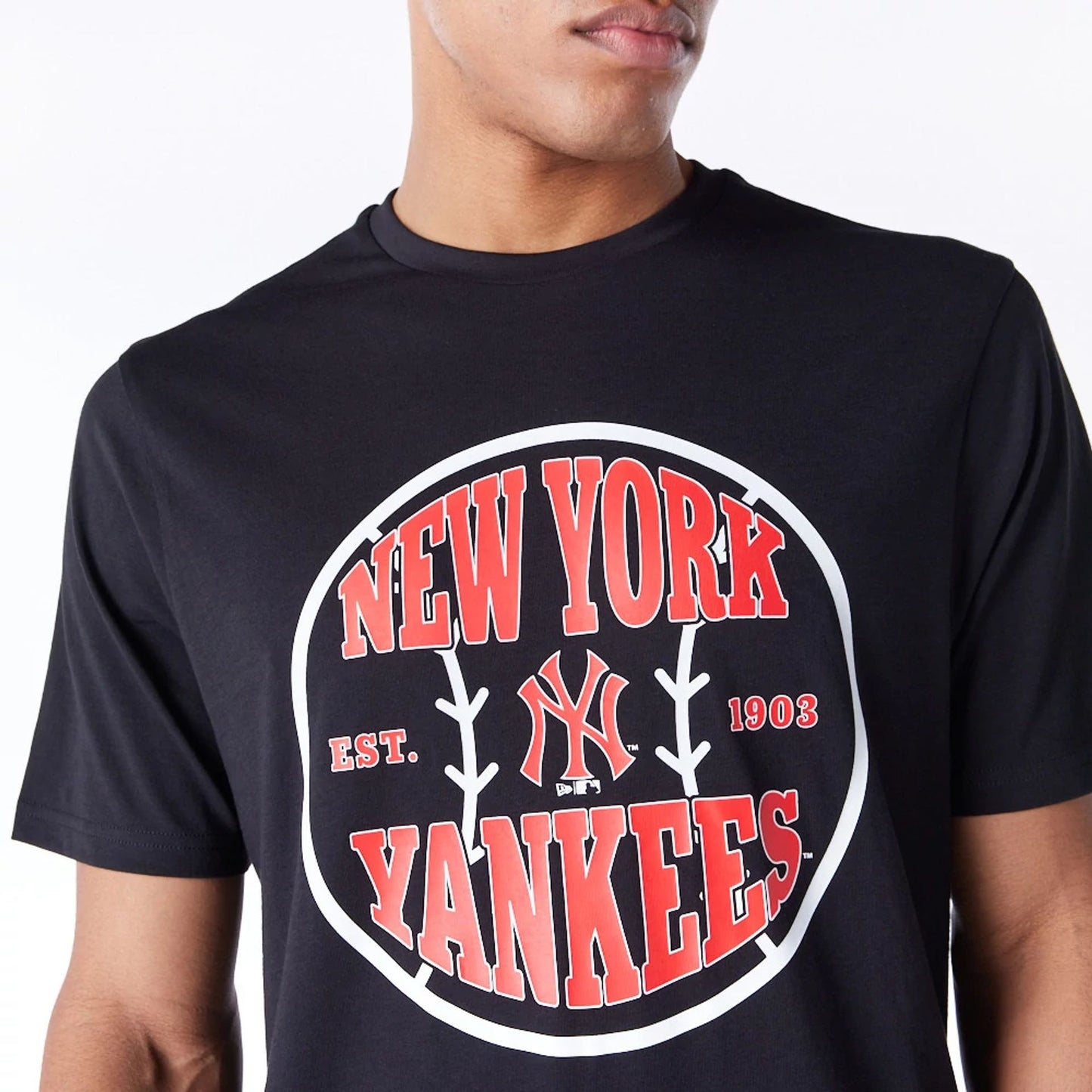 The Male model is wearing New York Yankees MLB Ball Graphic Black T-Shirt 5