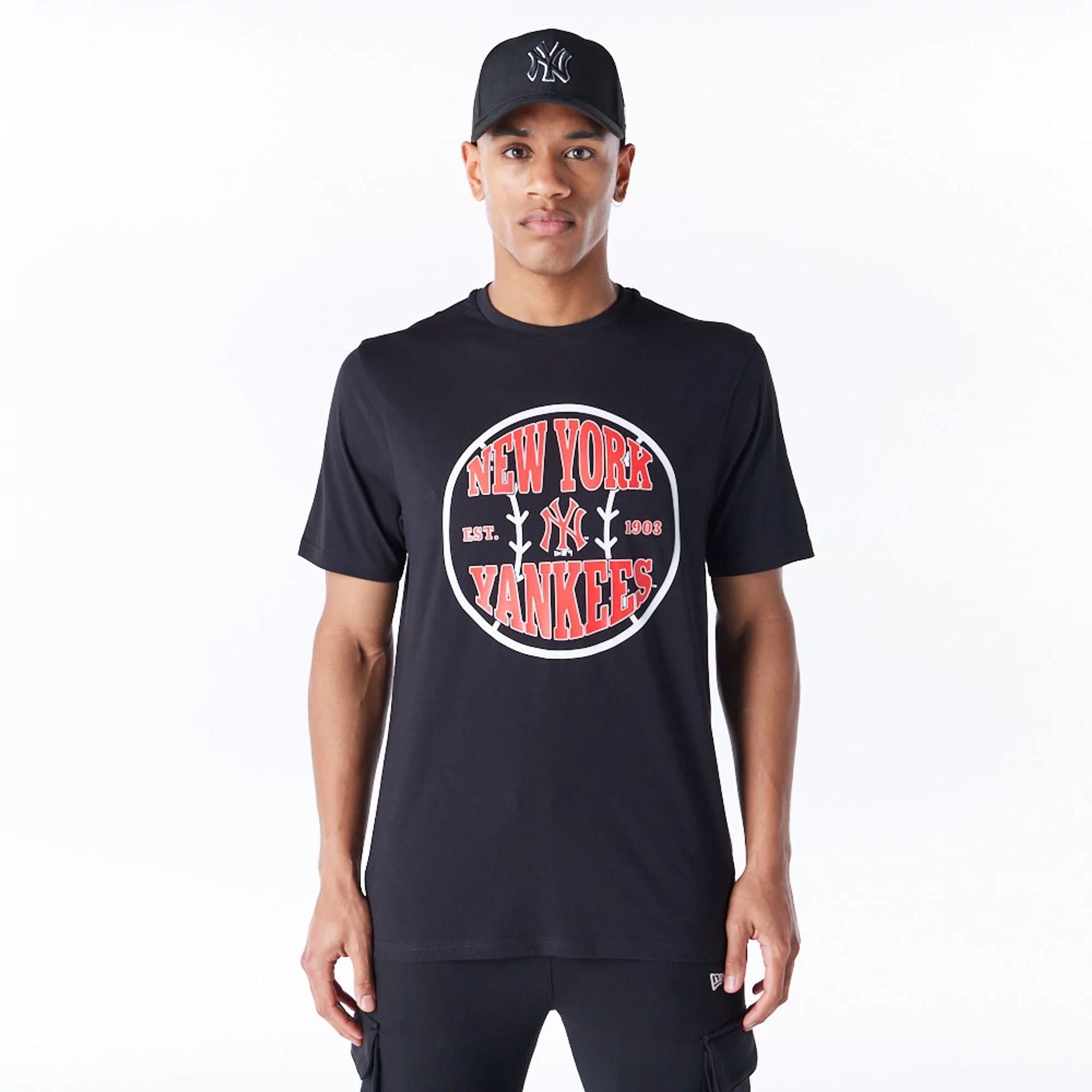 The Male model is wearing New York Yankees MLB Ball Graphic Black T-Shirt 1