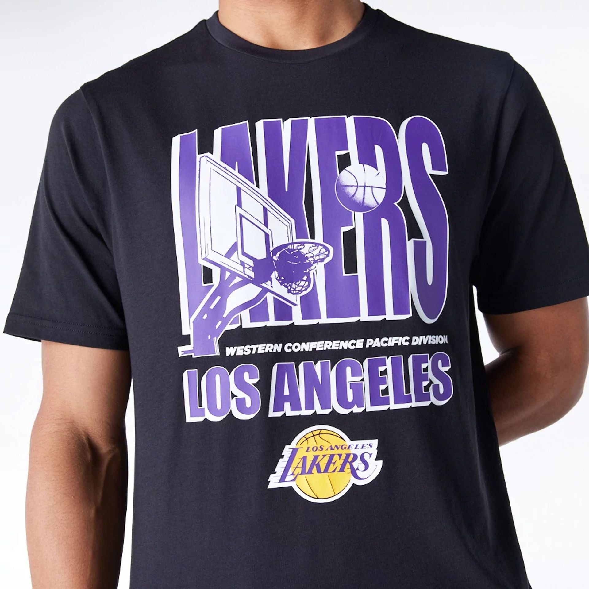 The Male model is wearing LA Lakers NBA Wordmark Graphic Black T-Shirt 4