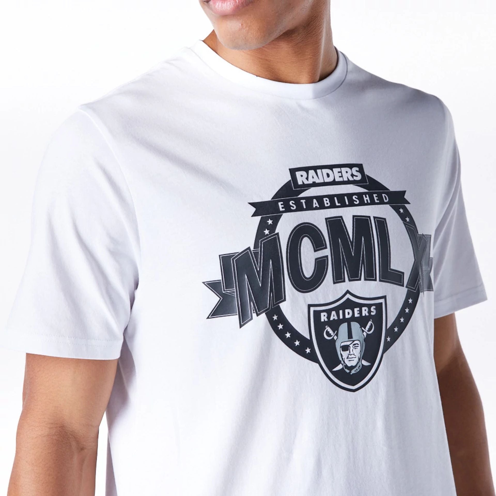 The Male model is wearing Las Vegas Raiders NFL Graphic White T-Shirt 4