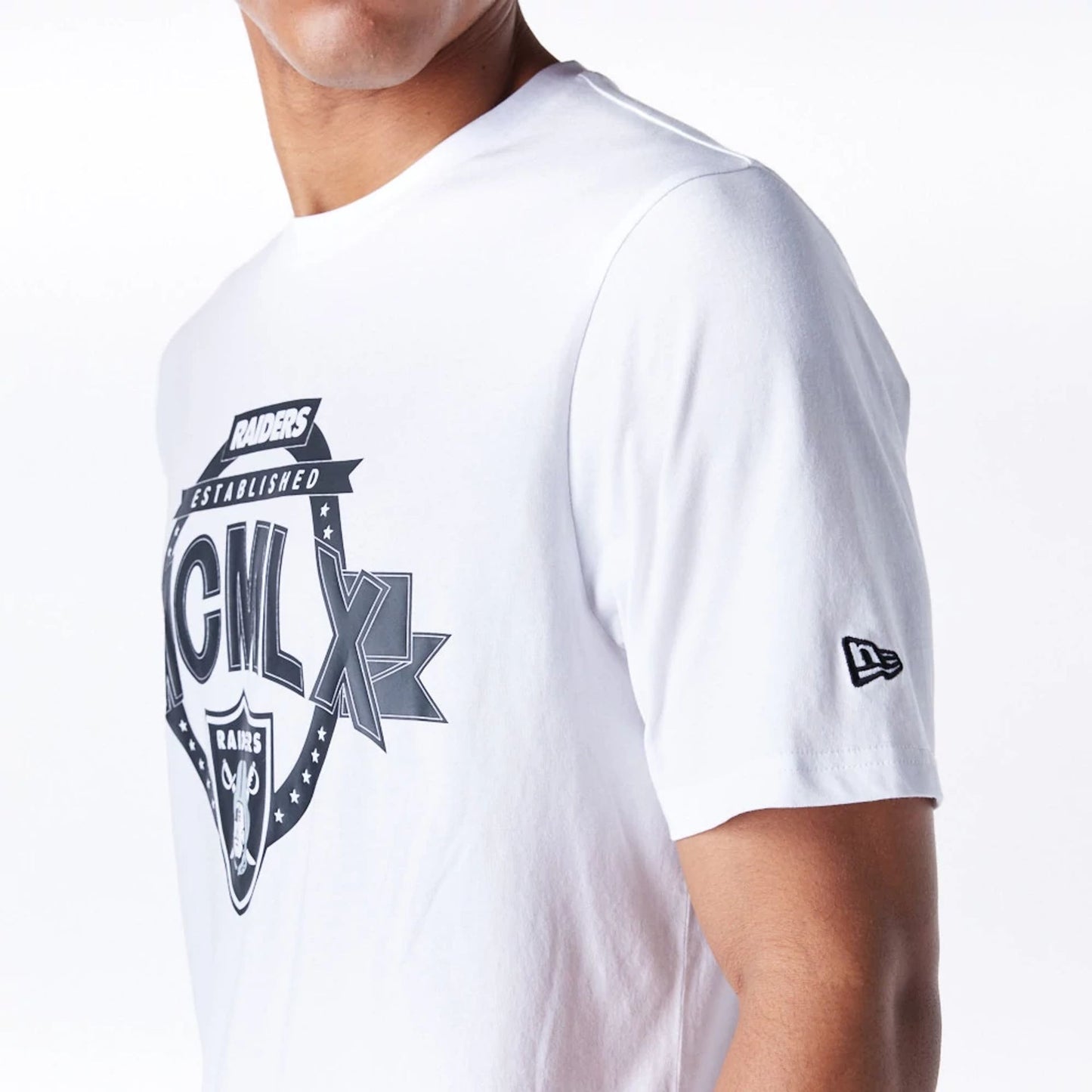 The Male model is wearing Las Vegas Raiders NFL Graphic White T-Shirt 5