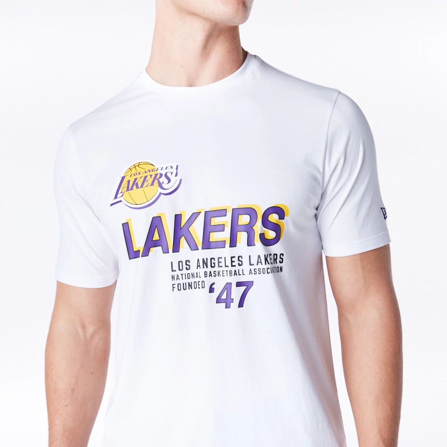 The Male model is wearing LA Lakers NBA Graphic White T-Shirt 5