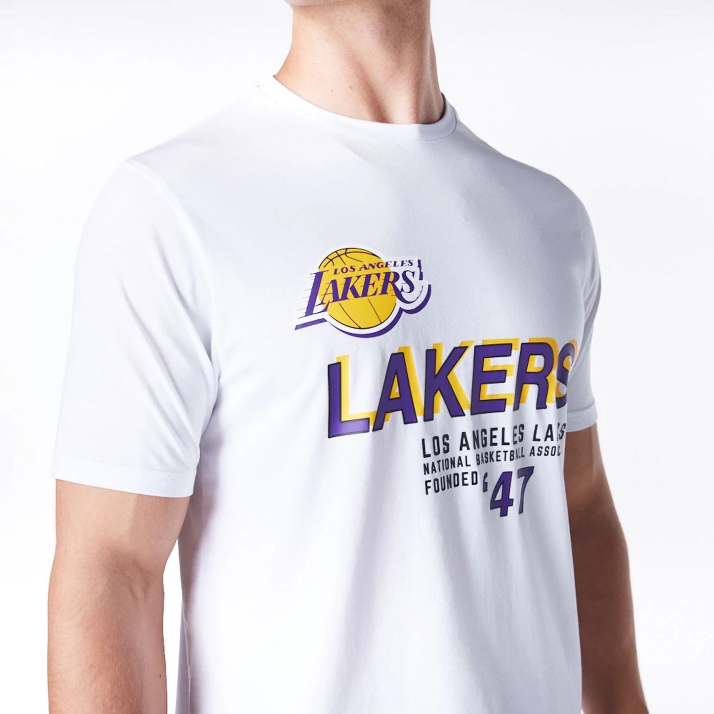 The Male model is wearing LA Lakers NBA Graphic White T-Shirt 2