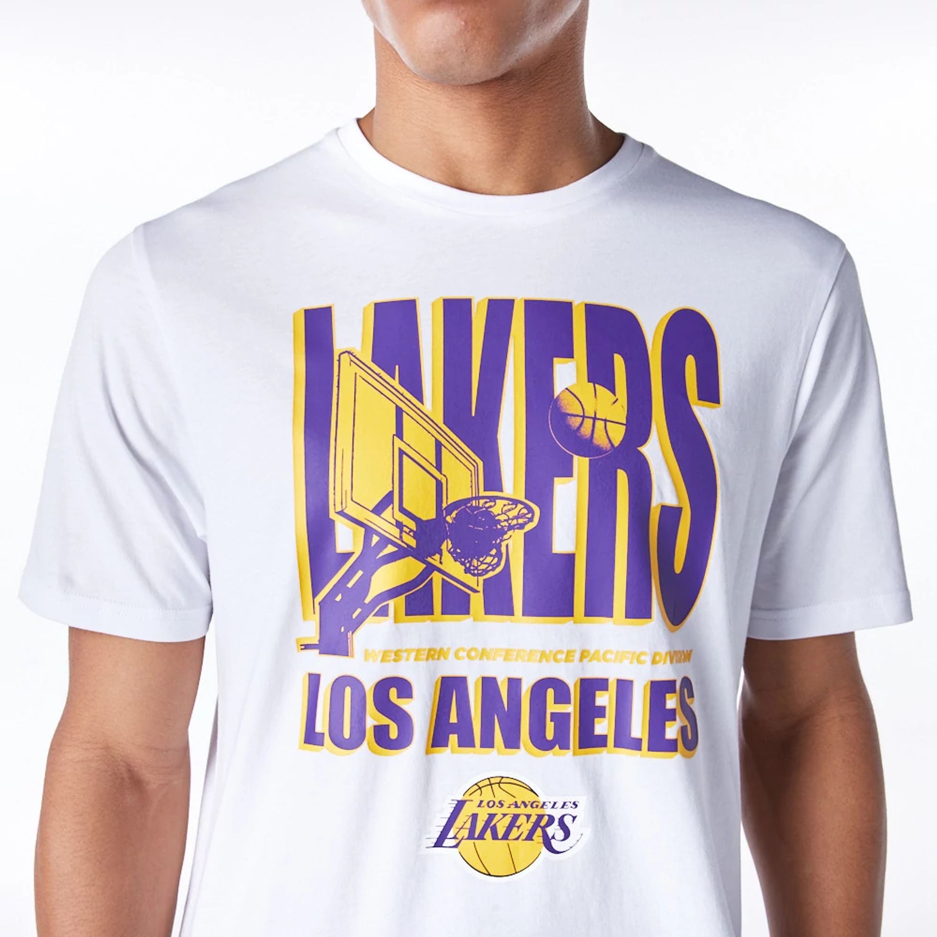 The Male model is wearing LA Lakers NBA Wordmark Graphic White T-Shirt 2