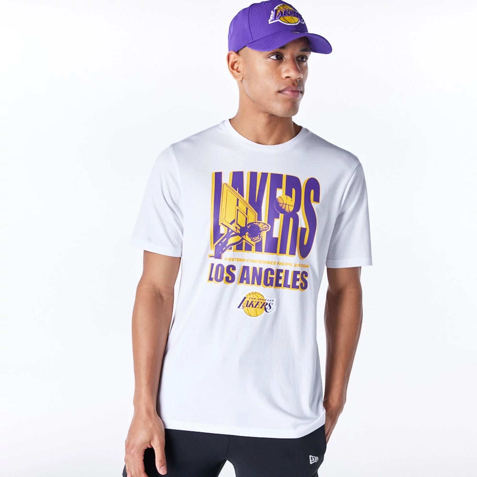 The Male model is wearing LA Lakers NBA Wordmark Graphic White T-Shirt 5