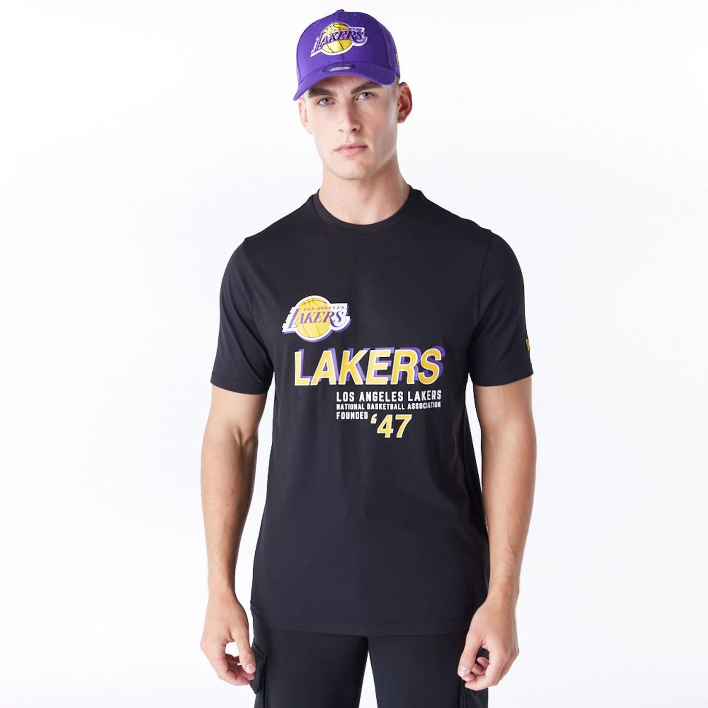 The Male model is wearing LA Lakers NBA Graphic Black T-Shirt 1