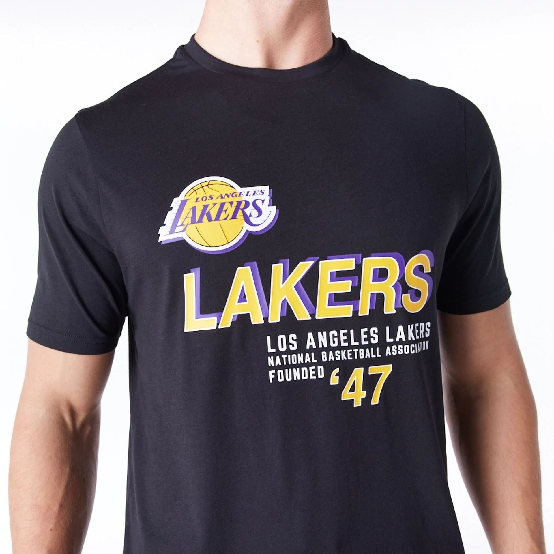 The Male model is wearing LA Lakers NBA Graphic Black T-Shirt 5