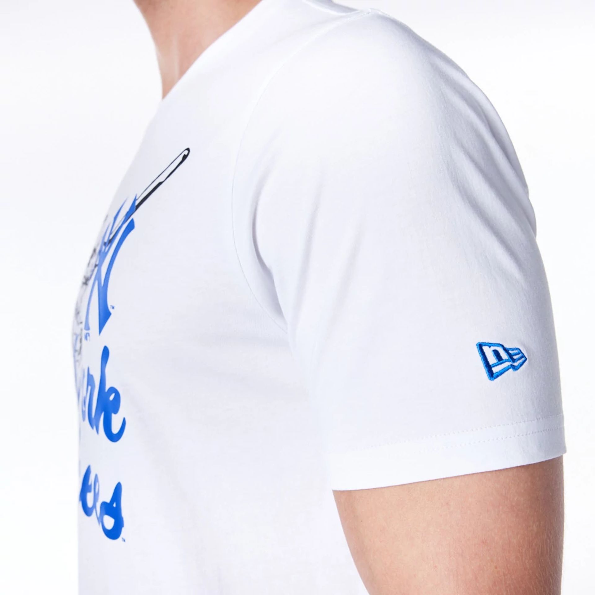 The Male model is wearing New York Yankees MLB Baseball Graphic White and Blue T-Shirt 6