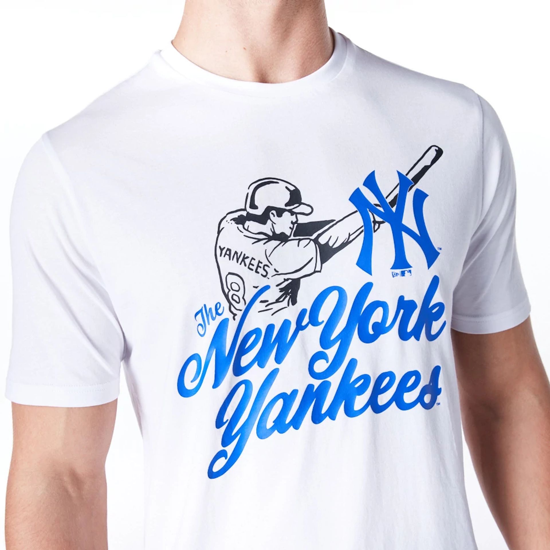 The Male model is wearing New York Yankees MLB Baseball Graphic White and Blue T-Shirt 1