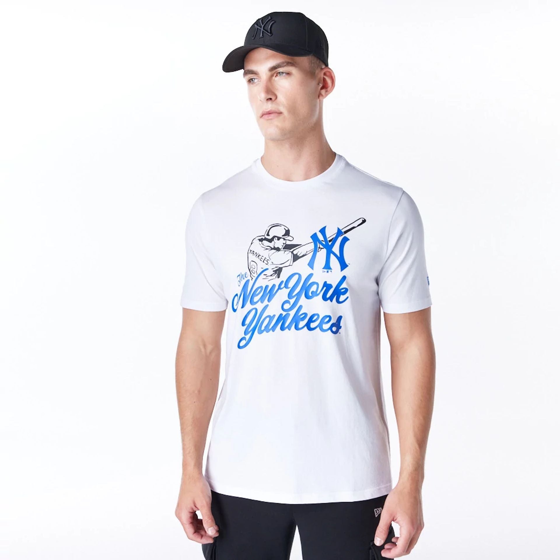 The Male model is wearing New York Yankees MLB Baseball Graphic White and Blue T-Shirt 5