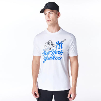 The Male model is wearing New York Yankees MLB Baseball Graphic White and Blue T-Shirt 5