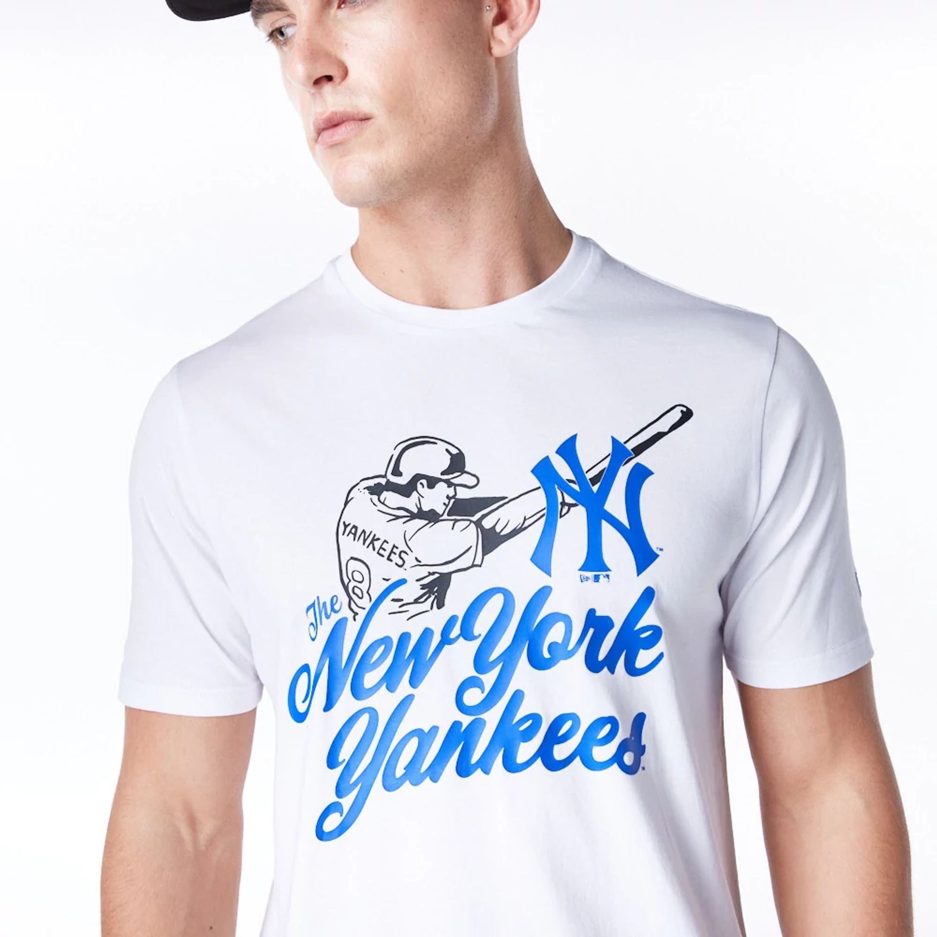 The Male model is wearing New York Yankees MLB Baseball Graphic White and Blue T-Shirt 2