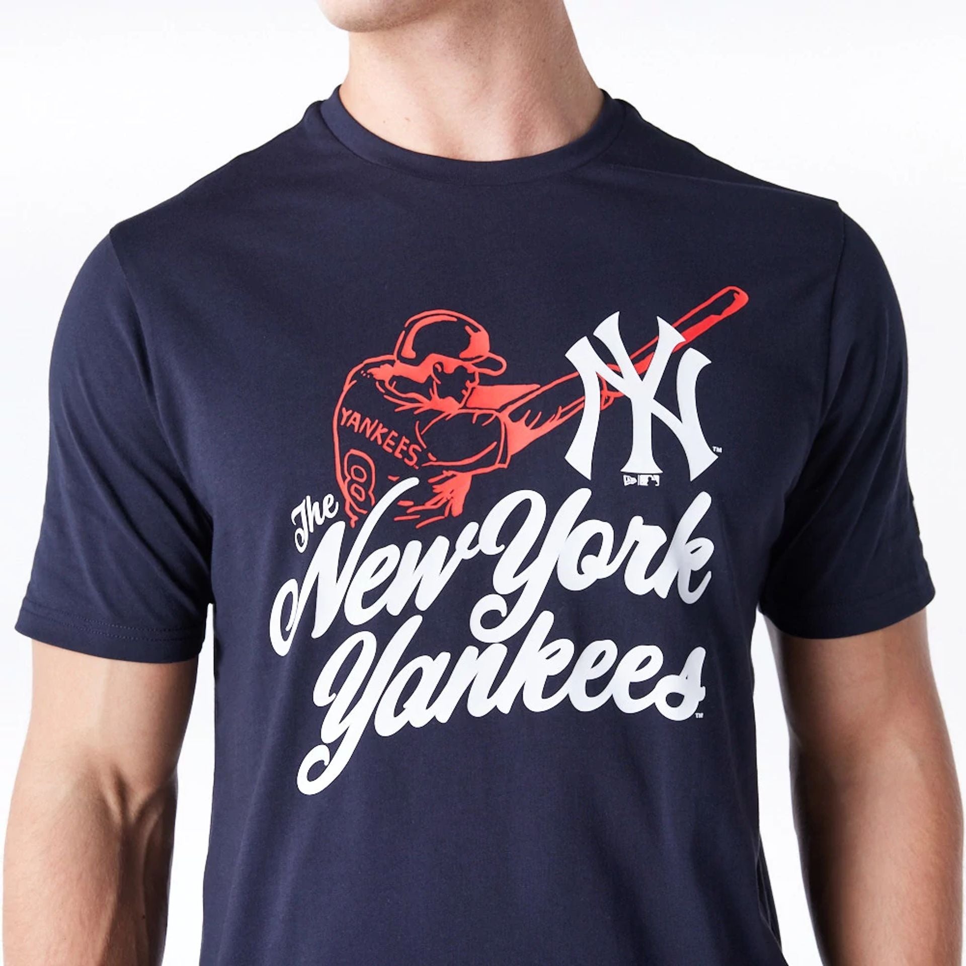 The Male model is wearing New York Yankees MLB Baseball Graphic Navy T-Shirt 5