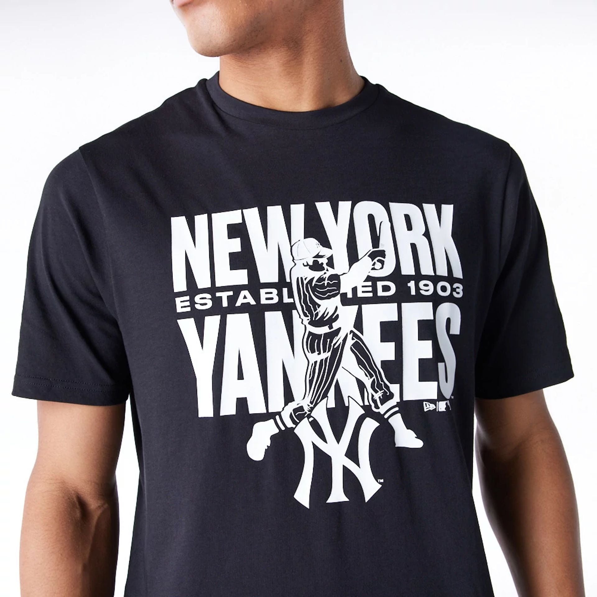 The Male model is wearing New York Yankees MLB Baseball Graphic Black T-Shirt 2