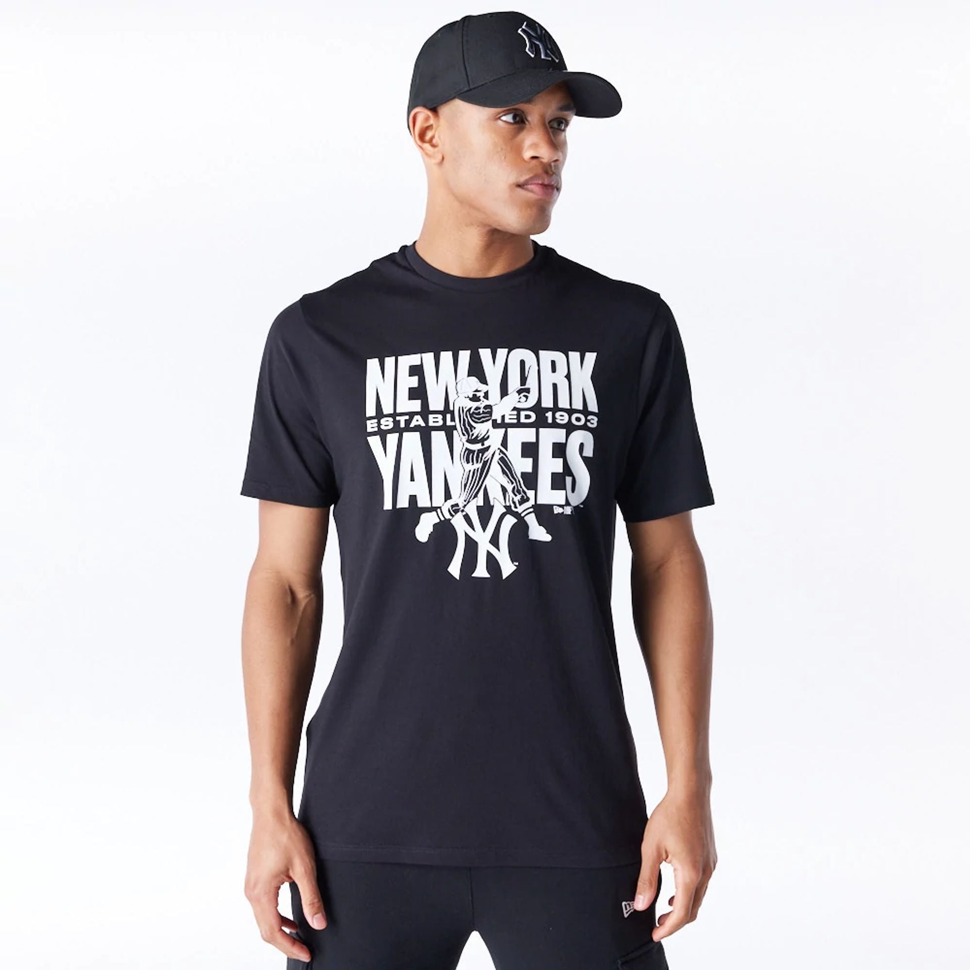 The Male model is wearing New York Yankees MLB Baseball Graphic Black T-Shirt 1