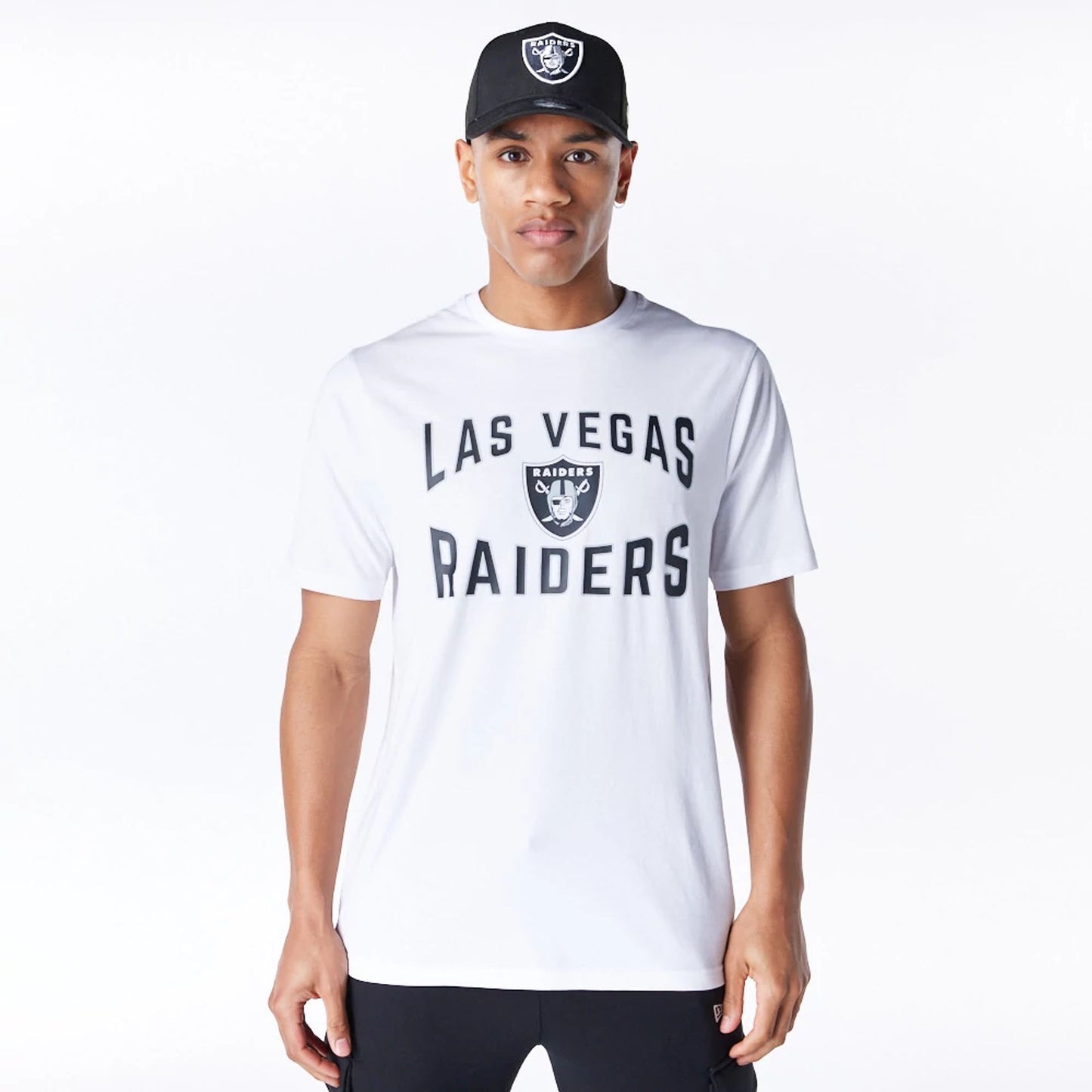 The Male model is wearing Las Vegas Raiders NFL Graphic White and Black T-Shirt 1