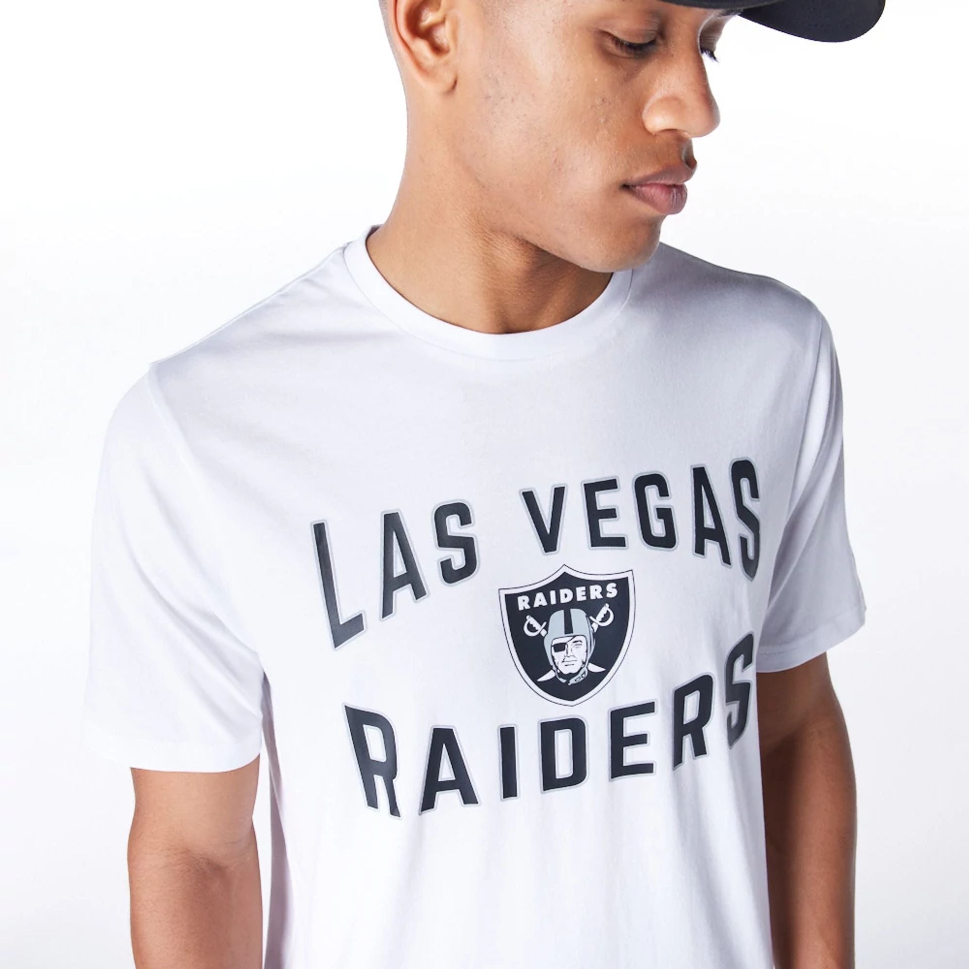 The Male model is wearing Las Vegas Raiders NFL Graphic White and Black T-Shirt 4