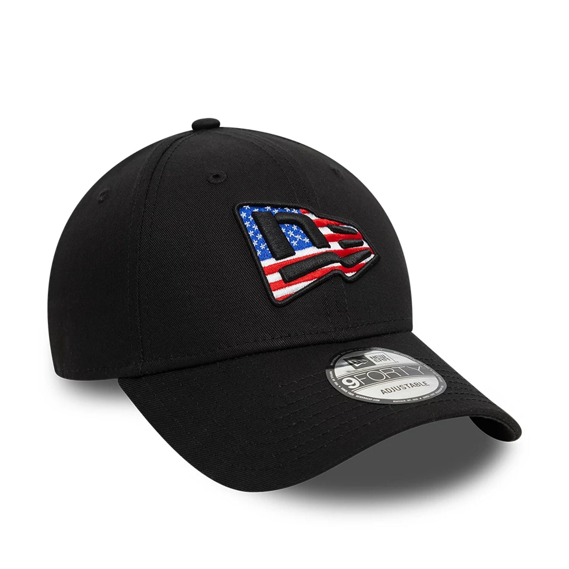 This is a New Era USA Country Flag Infill Black 9FORTY Adjustable Cap 1