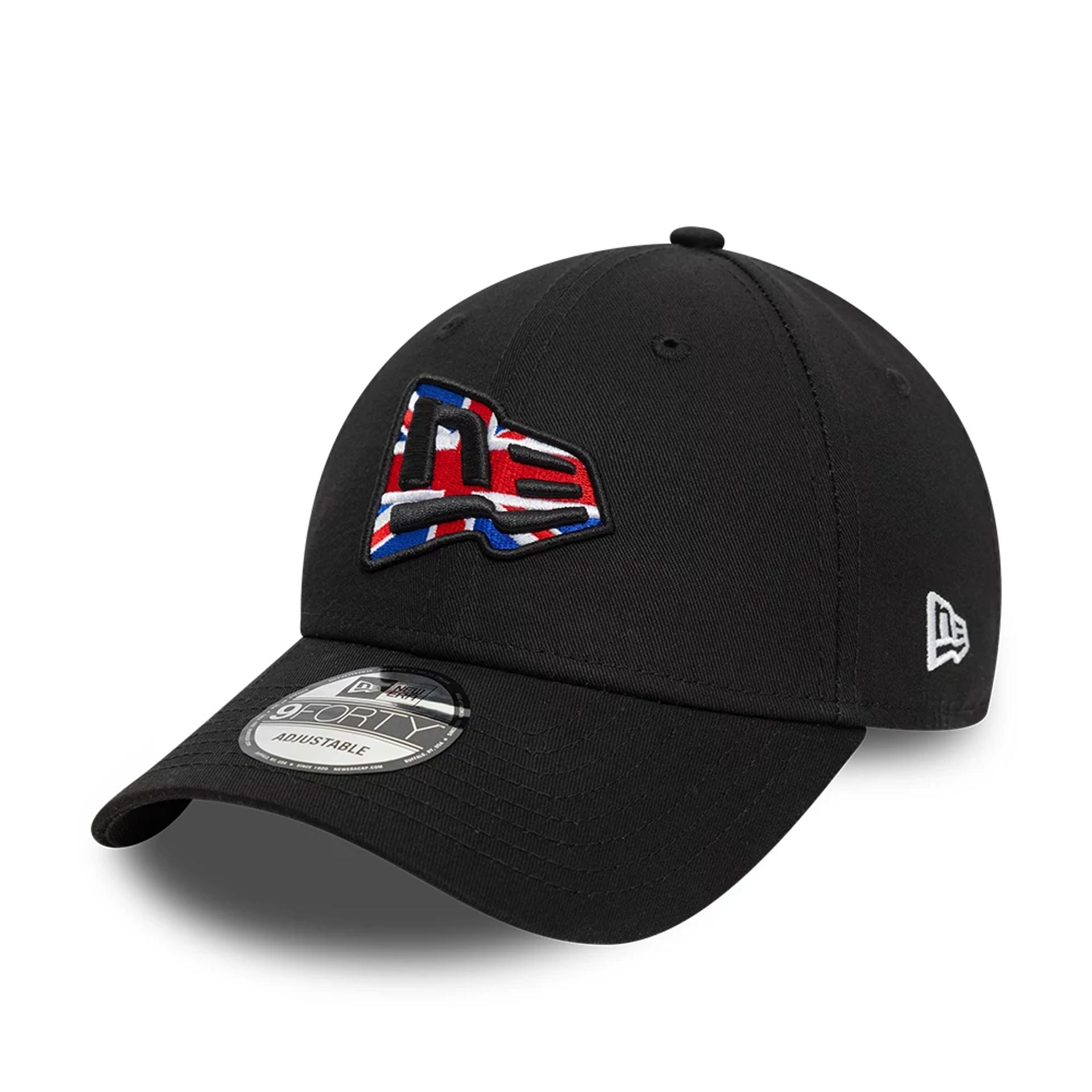 This is a New Era UK Country Flag Infill Black 9FORTY Adjustable Cap 1