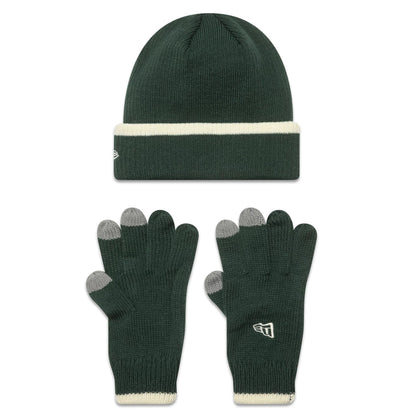 This is a New Era Script Dark Green Beanie and Gloves Set 2