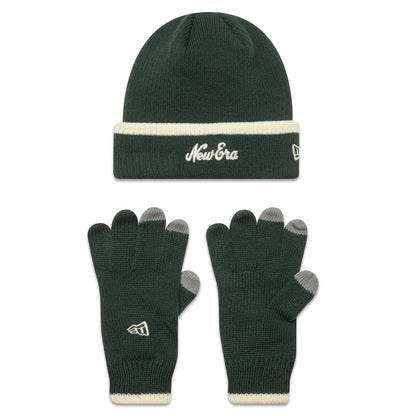 This is a New Era Script Dark Green Beanie and Gloves Set 1