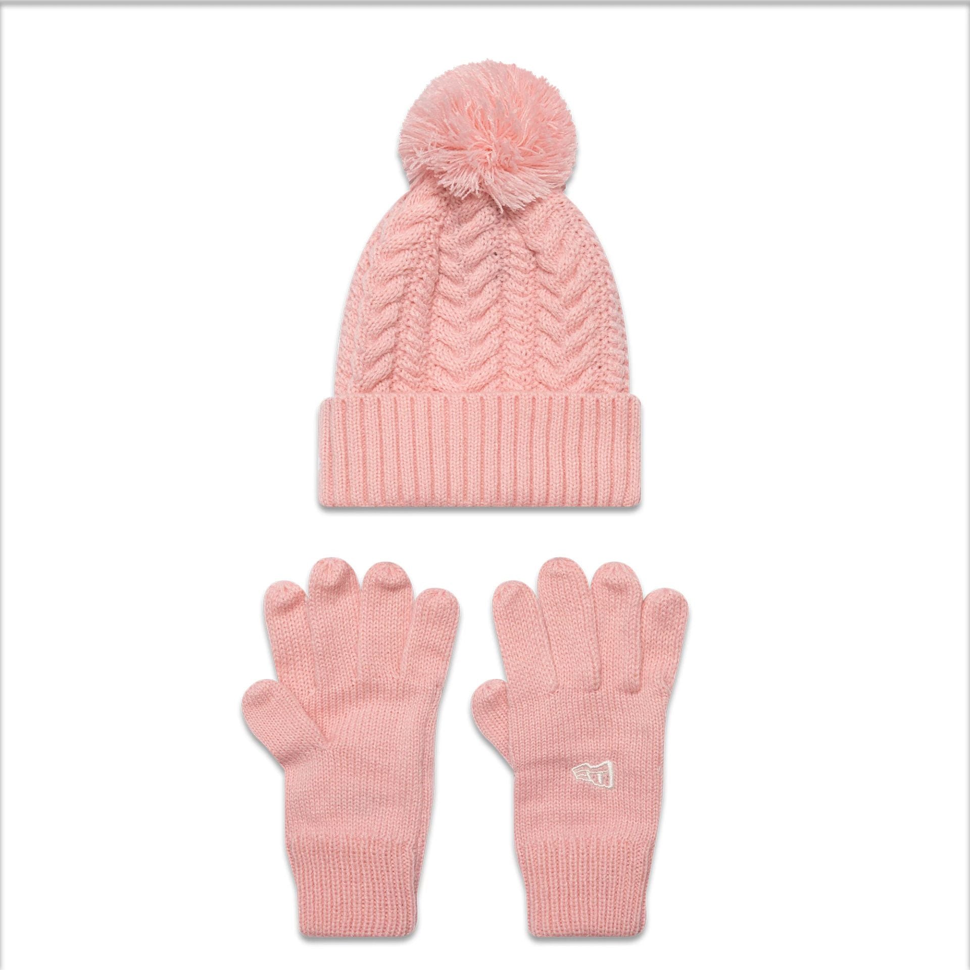 This is a New Era Youth Cable Pastel Pink Beanie and Gloves Set 2