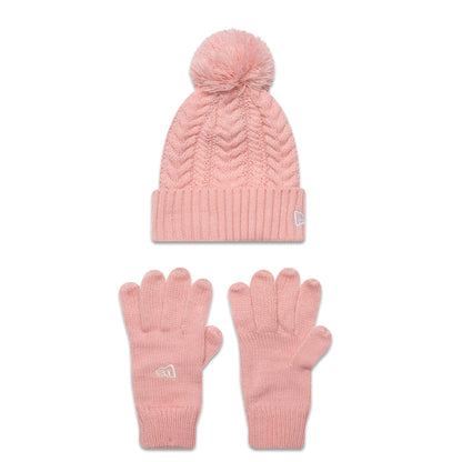 This is a New Era Youth Cable Pastel Pink Beanie and Gloves Set 1