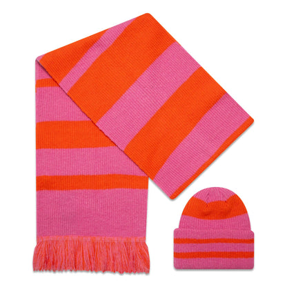 This is a New Era Stripe Pastel Pink Beanie and Scarf Set 2