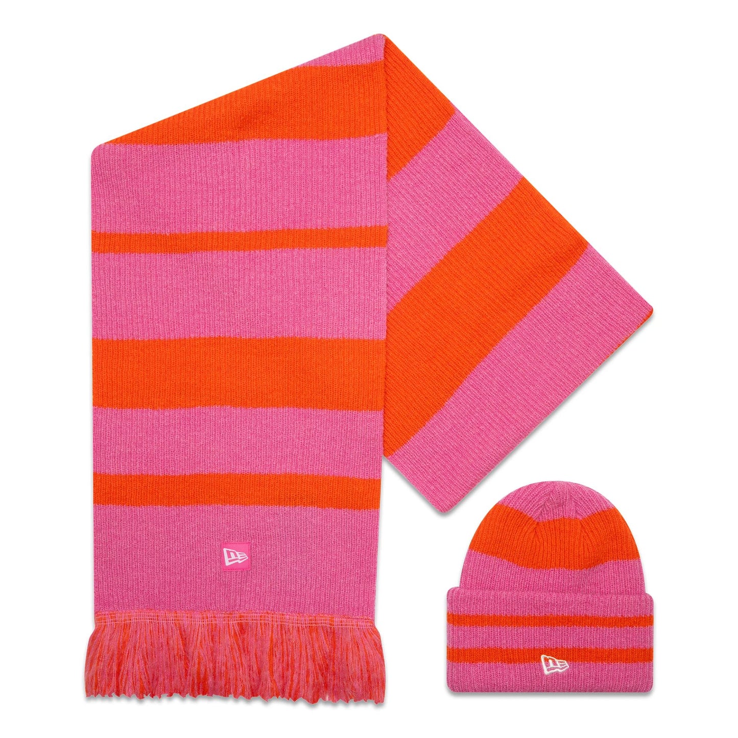 This is a New Era Stripe Pastel Pink Beanie and Scarf Set 1