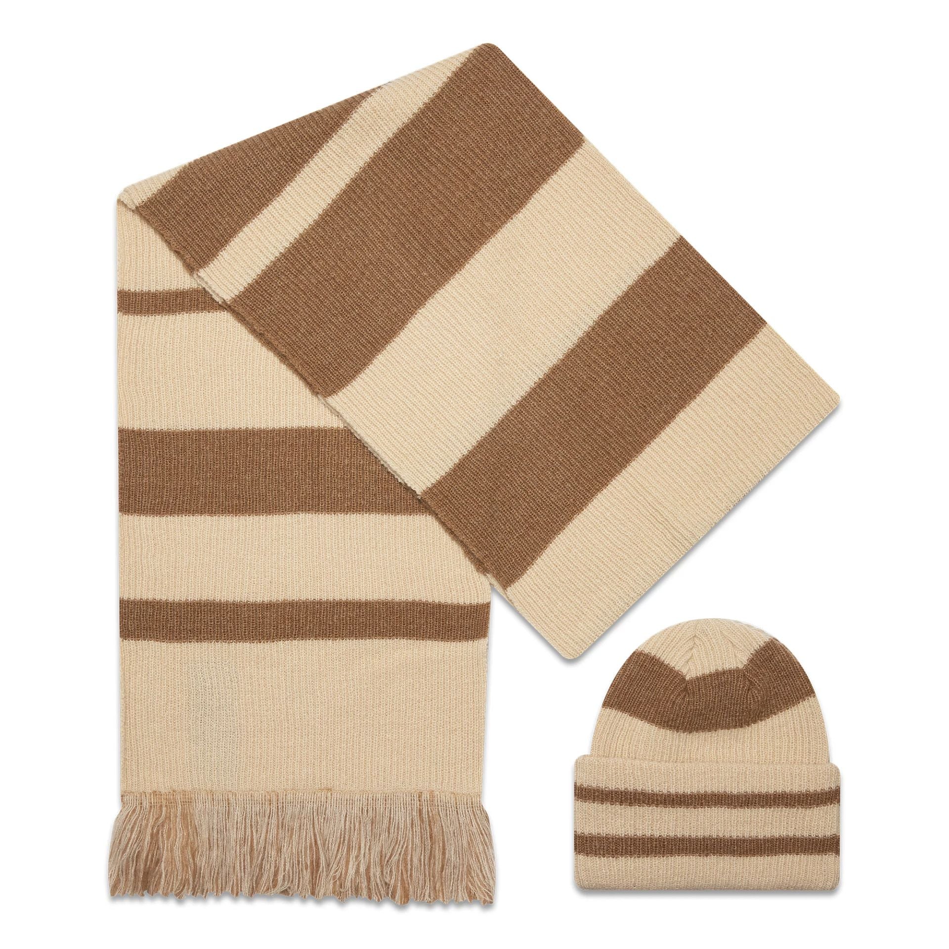 This is a New Era Stripe Beige Beanie and Scarf Set 2