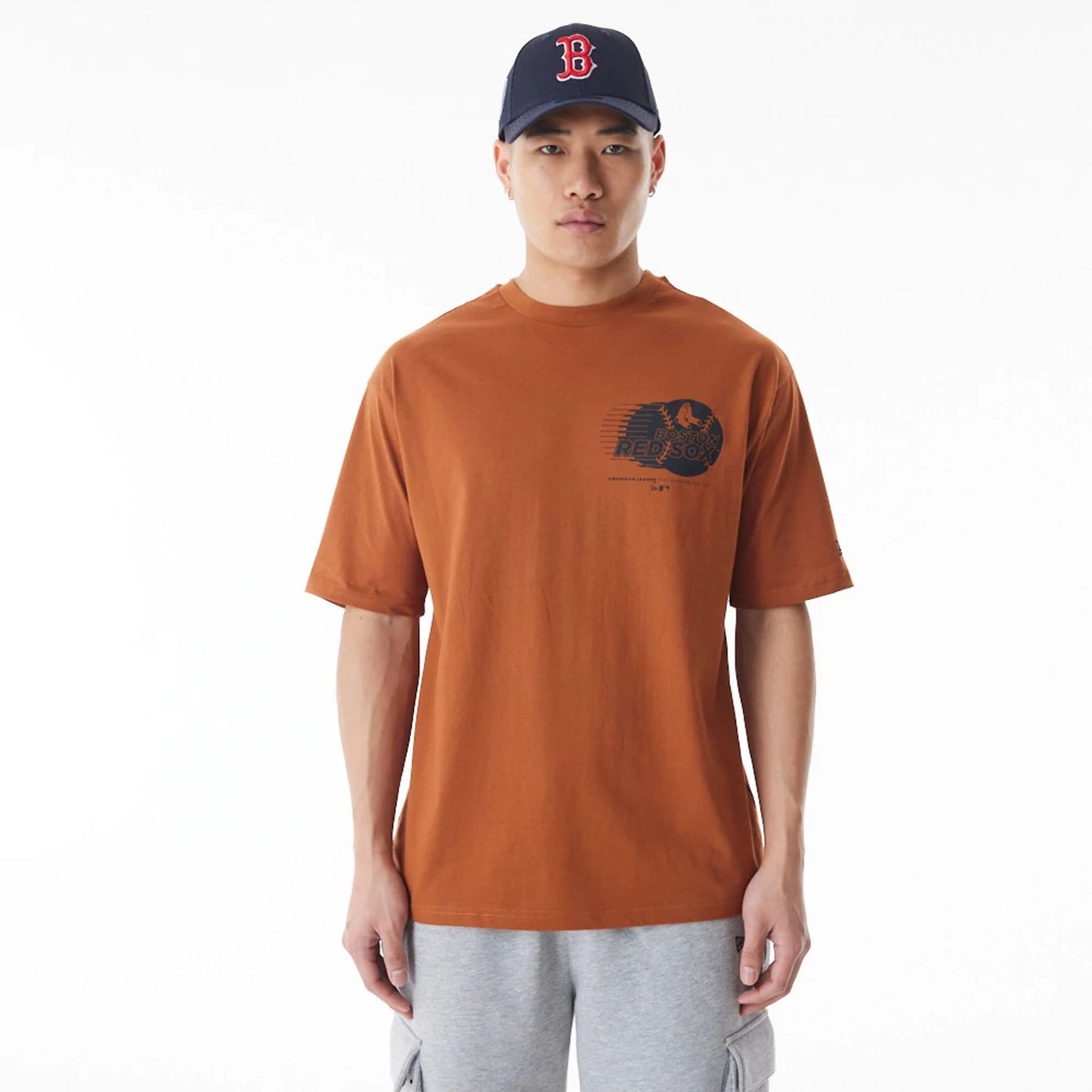 The Male model is wearing Boston Red Sox Baseball Graphic Brown Oversized T-Shirt  7