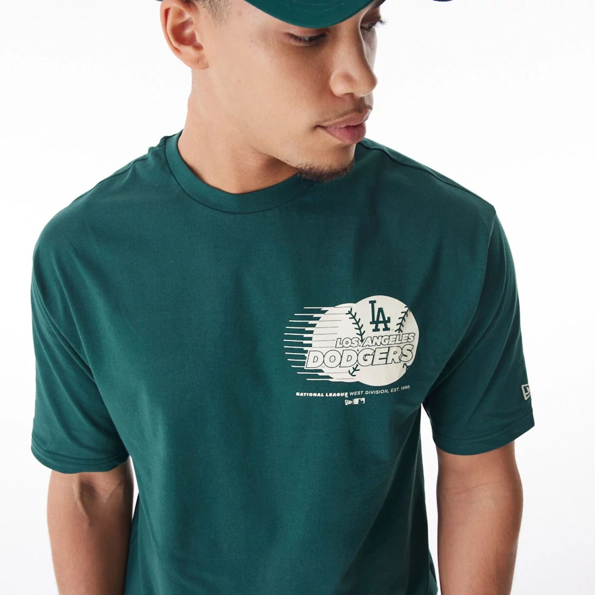 The Male model is wearing LA Dodgers Baseball Graphic Dark Green Oversized T-Shirt  5