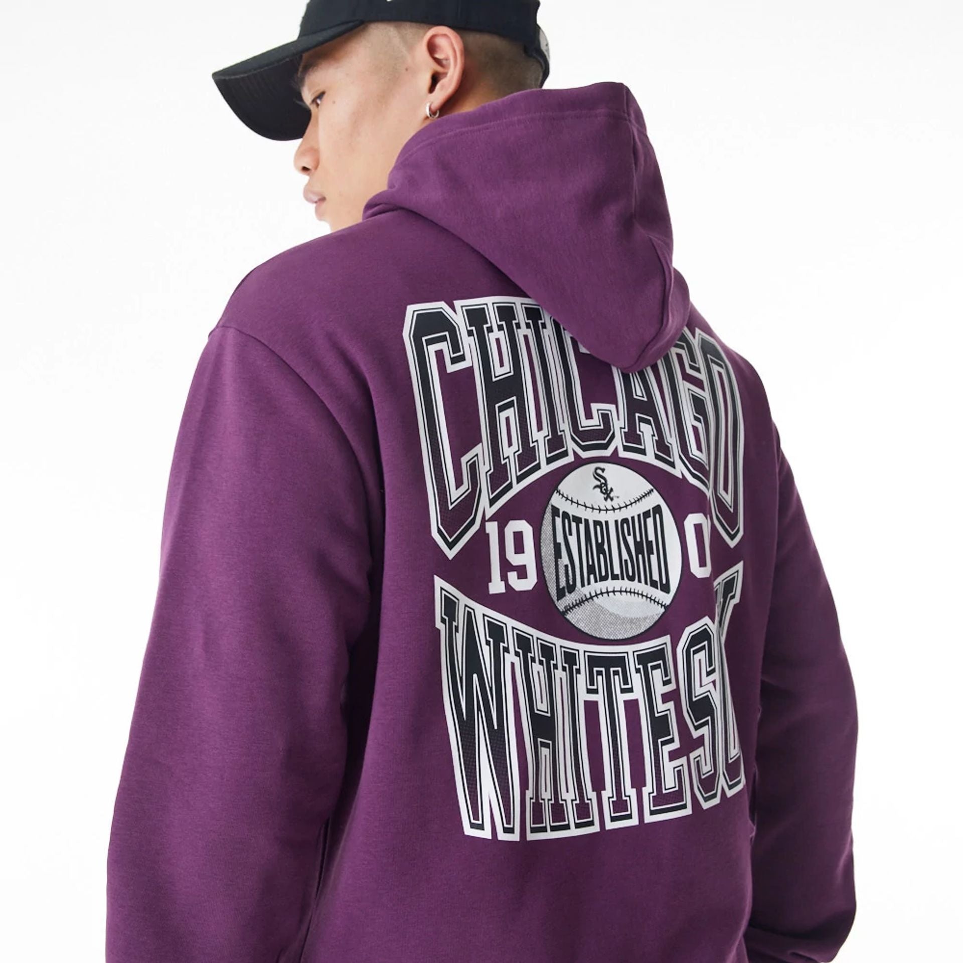 The Male model is wearing Chicago White Sox MLB Gradient Dark Purple Oversized Pullover Hoodie  10