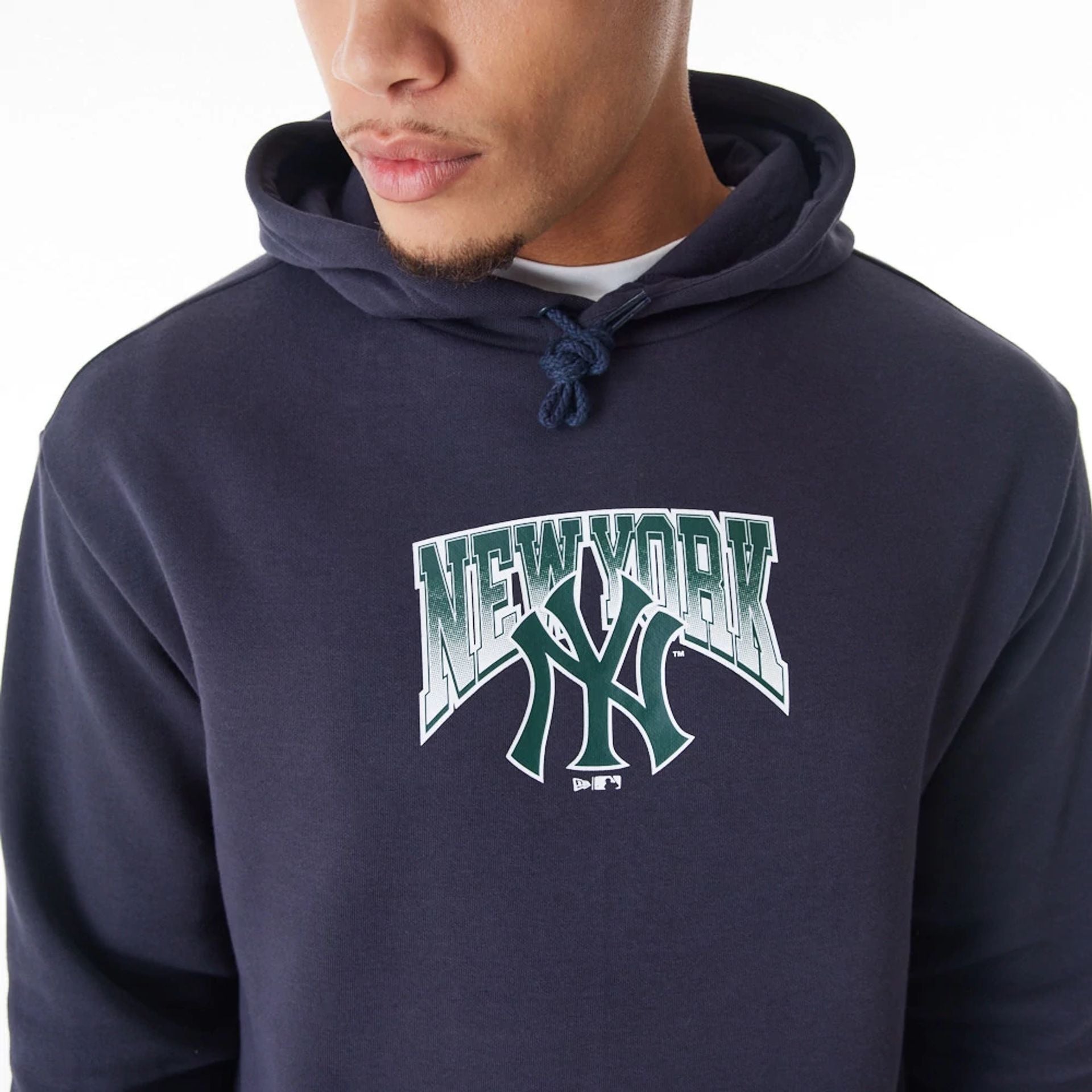 The Male model is wearing New York Yankees MLB Gradient Navy Oversized Pullover Hoodie  8