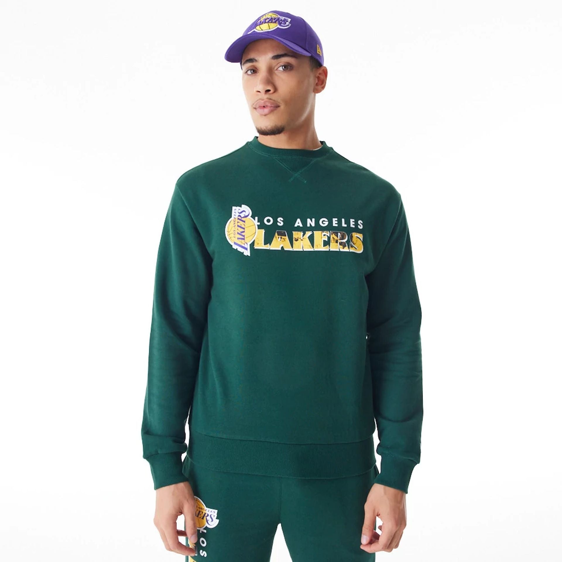 The Male model is wearing LA Lakers NBA Graphic Dark Green Crew Neck Sweater  2