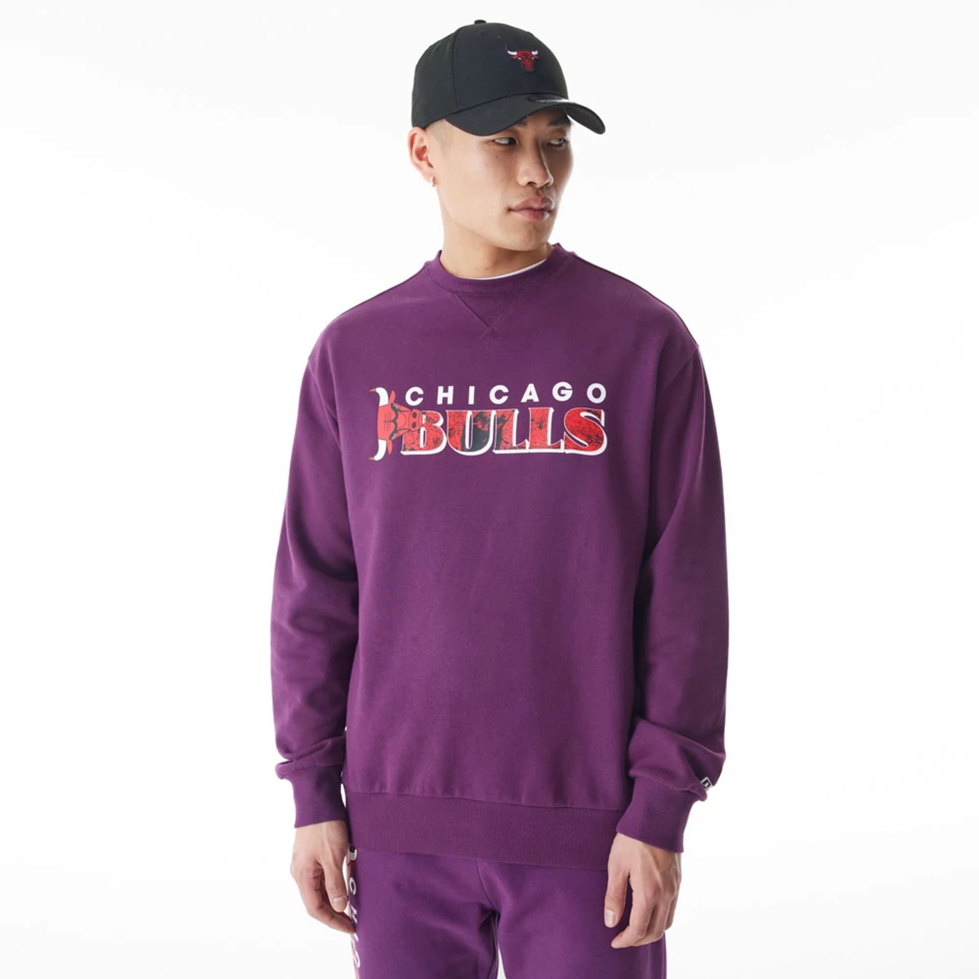 The Male model is wearing Chicago Bulls NBA Graphic Dark Purple Crew Neck Sweater  1