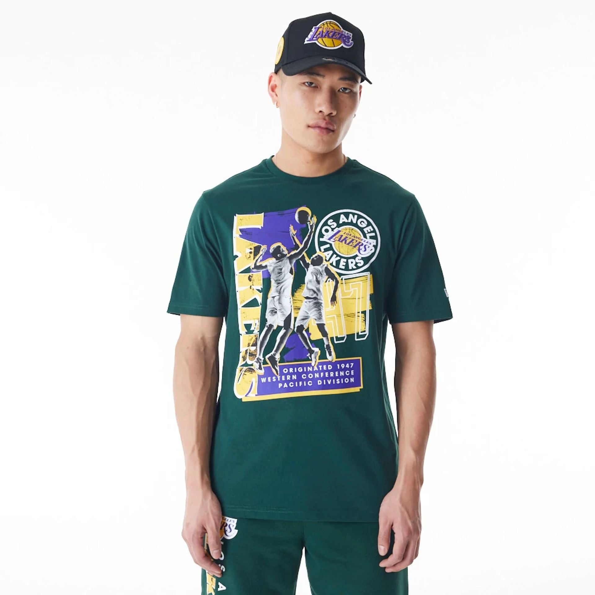 The Male model is wearing LA Lakers NBA Player Graphic Dark Green T-Shirt  1