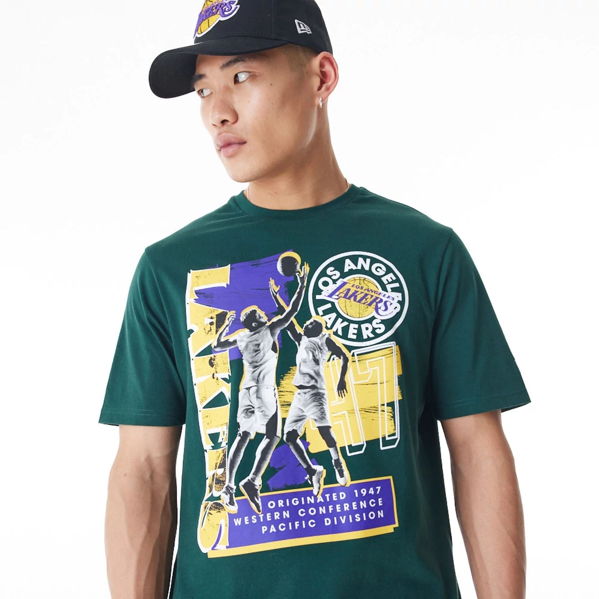 The Male model is wearing LA Lakers NBA Player Graphic Dark Green T-Shirt  2