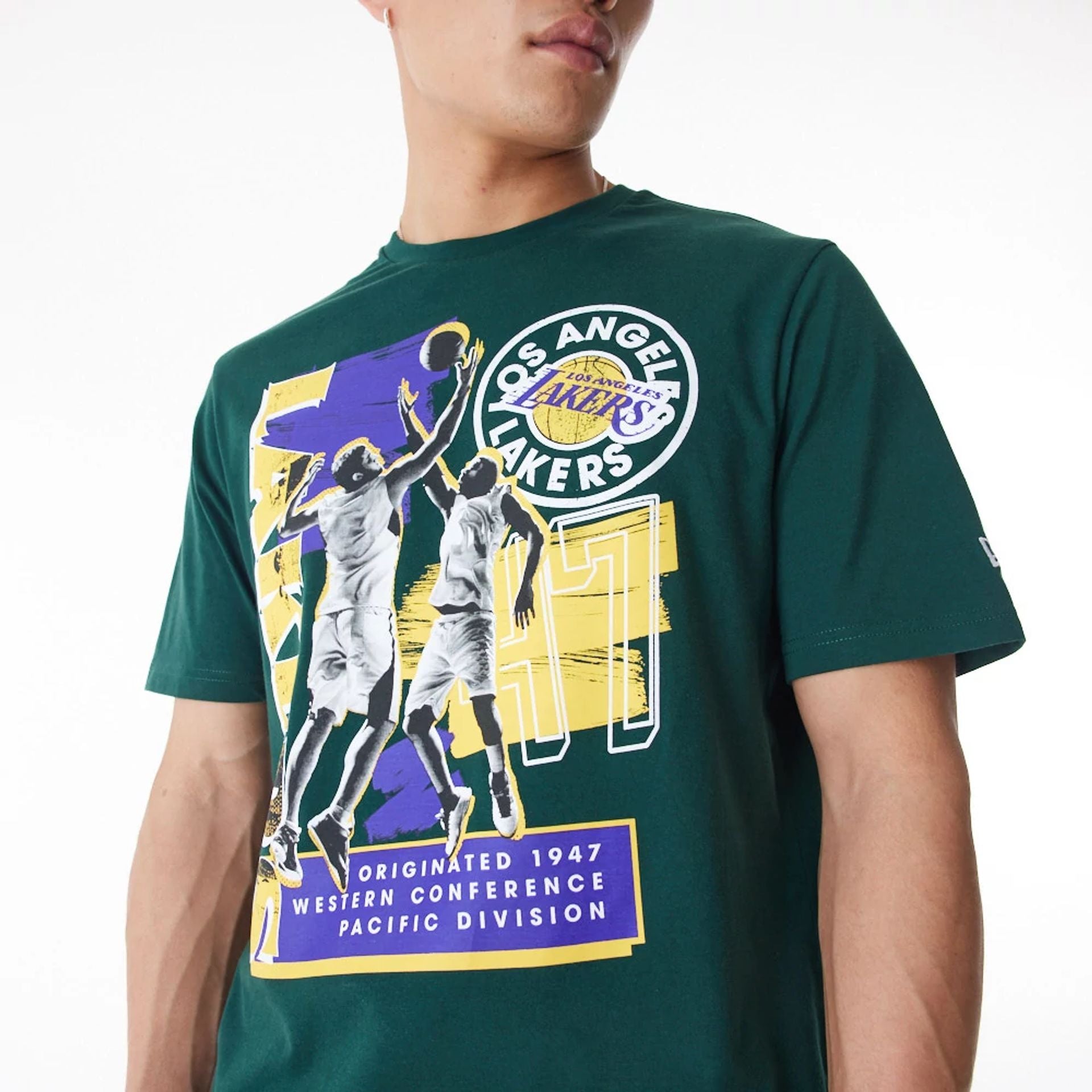 The Male model is wearing LA Lakers NBA Player Graphic Dark Green T-Shirt  6