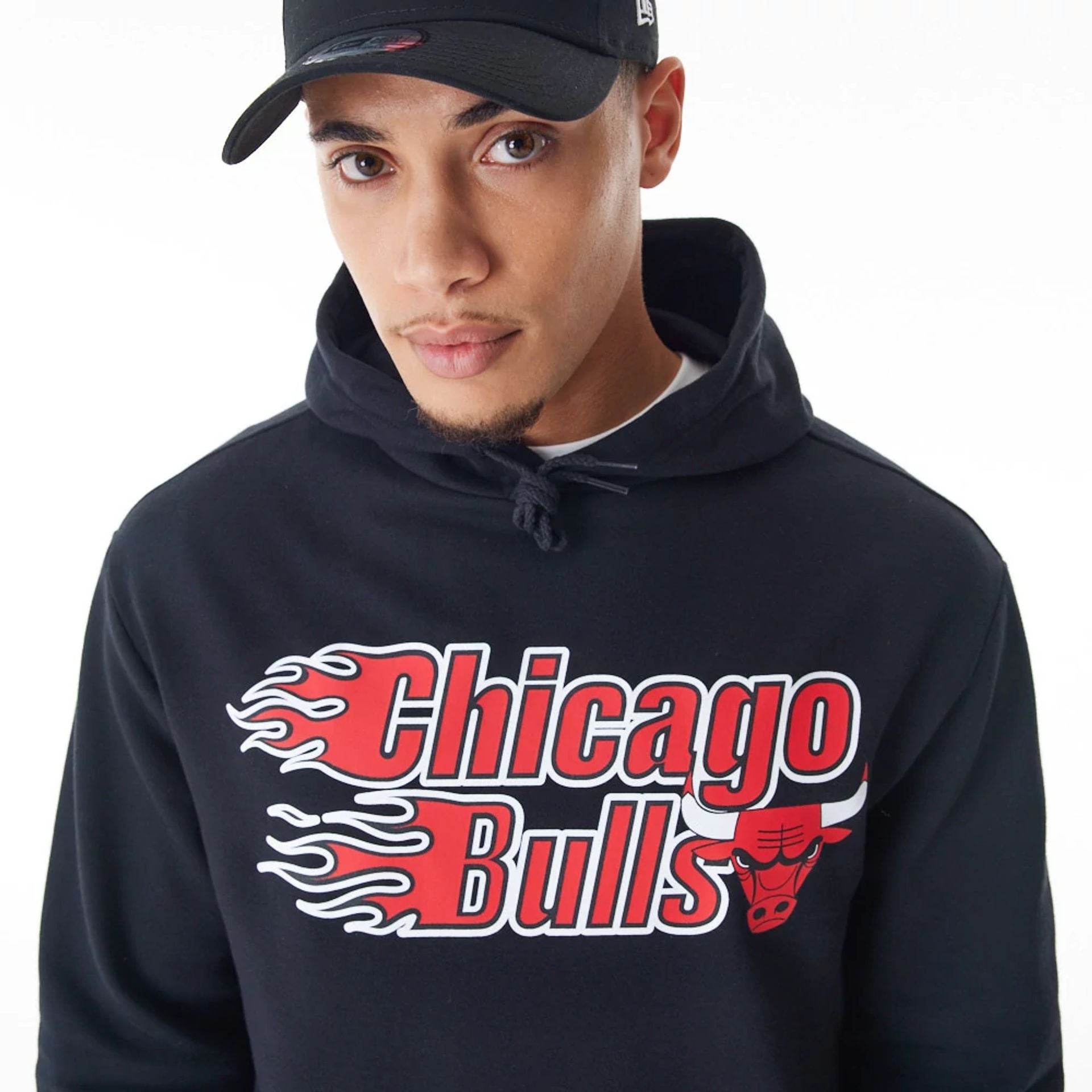 The Male model is wearing Chicago Bulls NBA Flame Print Black Oversized Pullover Hoodie  2