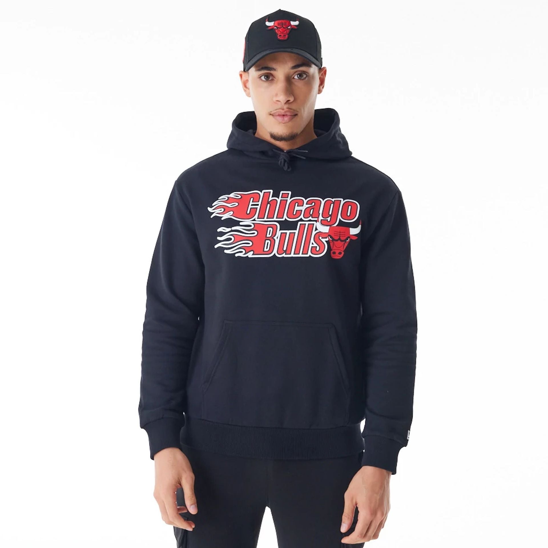 The Male model is wearing Chicago Bulls NBA Flame Print Black Oversized Pullover Hoodie  1